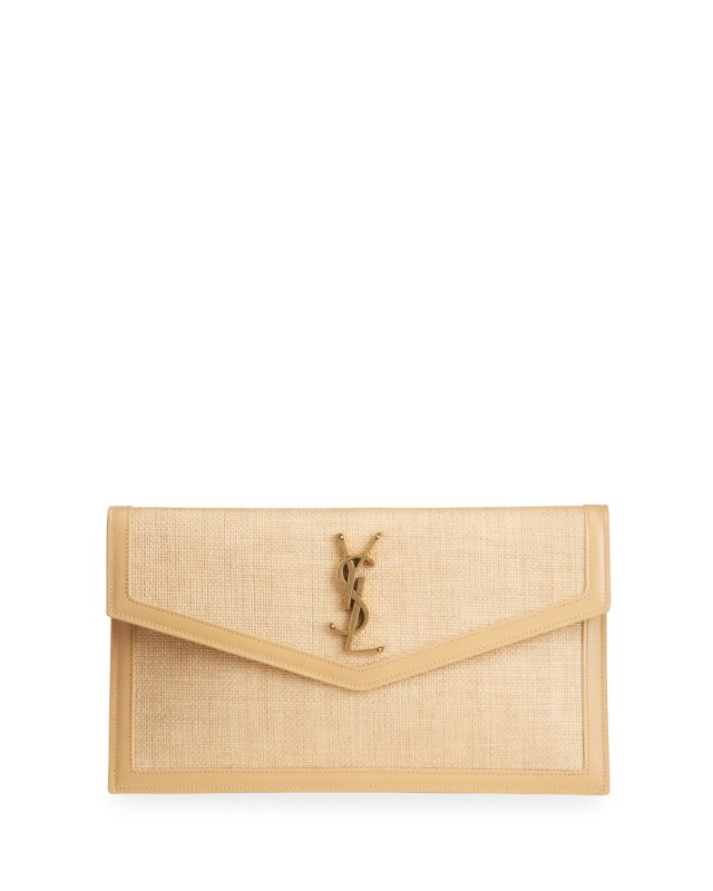 Uptown Micro Raffia/Leather Envelope Flap Pouch Wallet